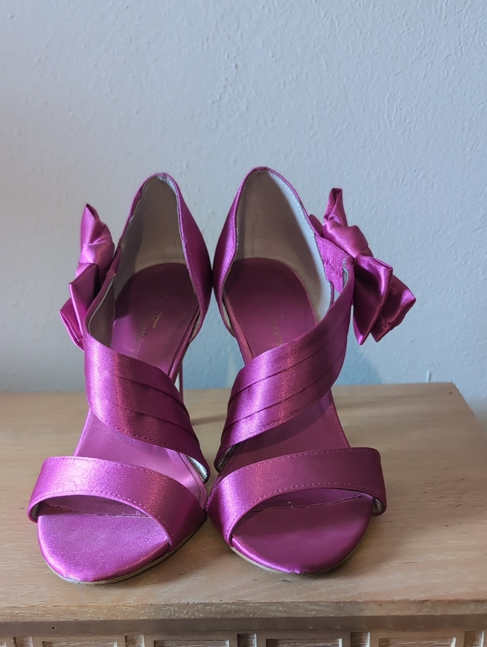 Lulu Townsend Satin Open-Toe Heels with Ankle Bow in Magenta